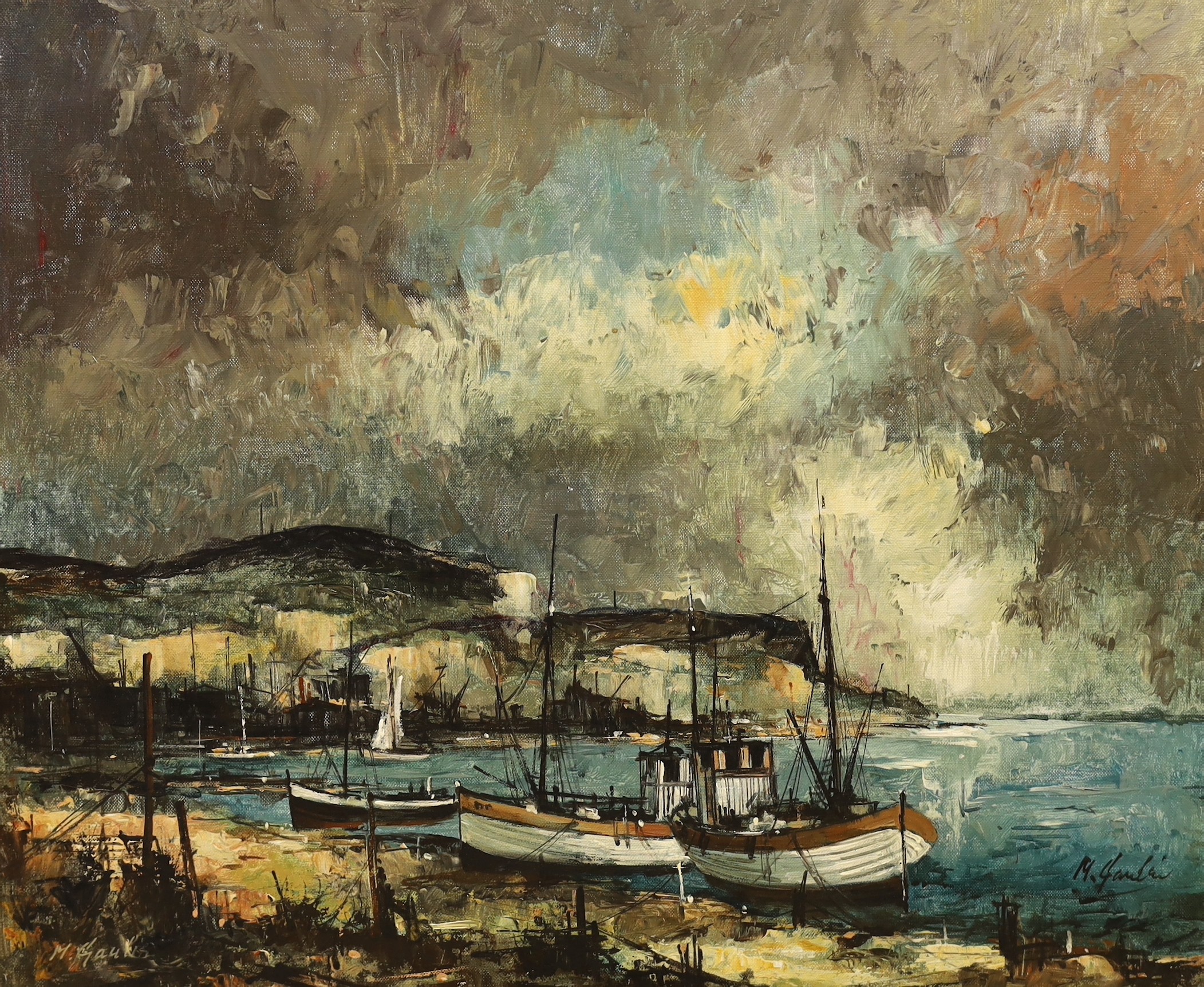 English School, oil on canvas, Fishing boats along the shore, indistinctly signed, 51 x 61cm, unframed